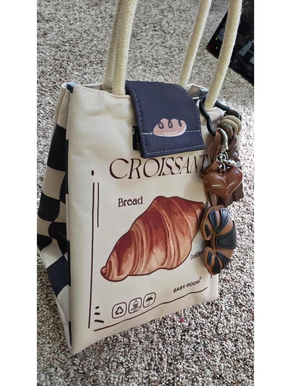 Croissant Bread Print Novelty Insulated Tote Bag with Charm - Picture 8 of 9